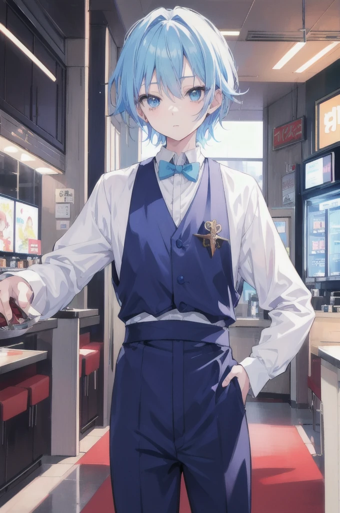 Anime young man dressed as a bartender, tall, Light blue hair and light blue eyes, Wolf Cut, HD Anime, 4k anime wallpaper