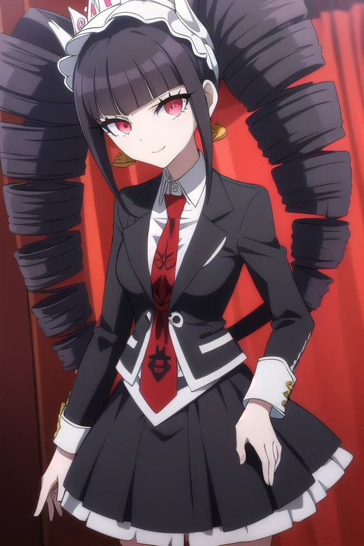 masterpiece,High resolution,8K,Detailed anatomy (****************,Danganronpa,Celestia Ludenberg,celestia ludenberg,Black Hair Twin Drill,Red Eyes,beautiful eyelashes,Three white eyes,slender）（Earrings,Red tie,Printed necktie,Black Skirt,Black Jacket,bonnet）A light smile,Squint your eyes