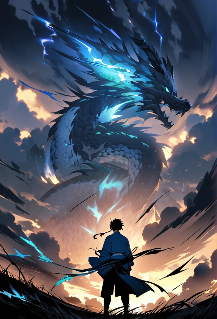 A man with long black hair and a blue kimono is standing in front of me.。Hair fluttering in the wind。A violent lightning strike with a blue glow behind it。rain。grassland。Night Sky。Big thunder。Oriental dragon flying in the sky