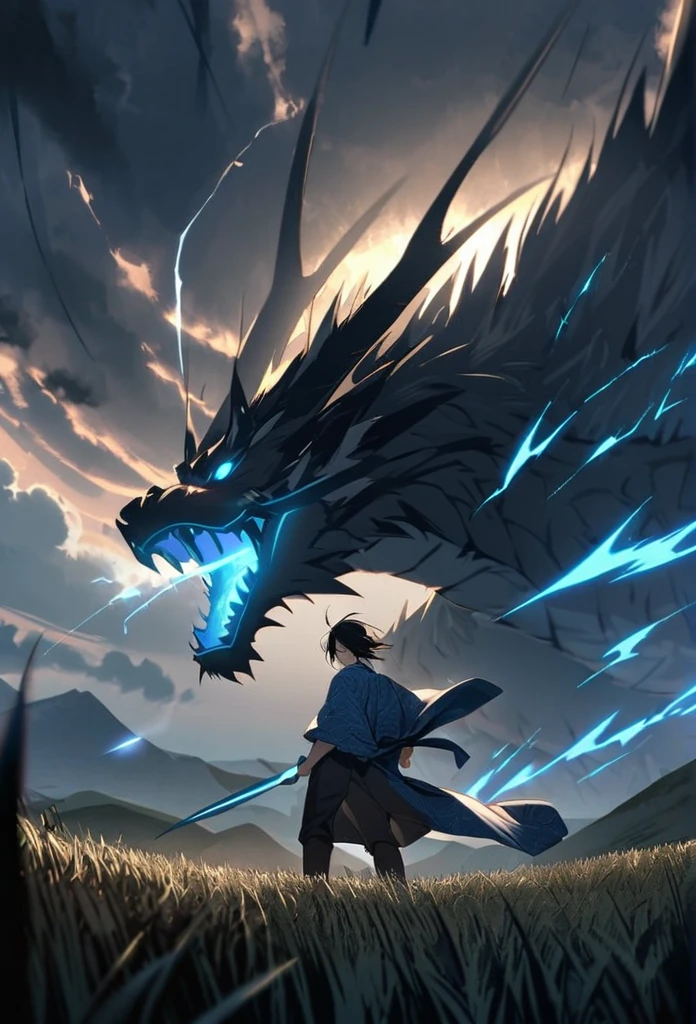 A man with long black hair and a blue kimono is standing in front of me.。Hair fluttering in the wind。A violent lightning strike with a blue glow behind it。rain。grassland。Night Sky。Big thunder。Oriental dragon flying in the sky