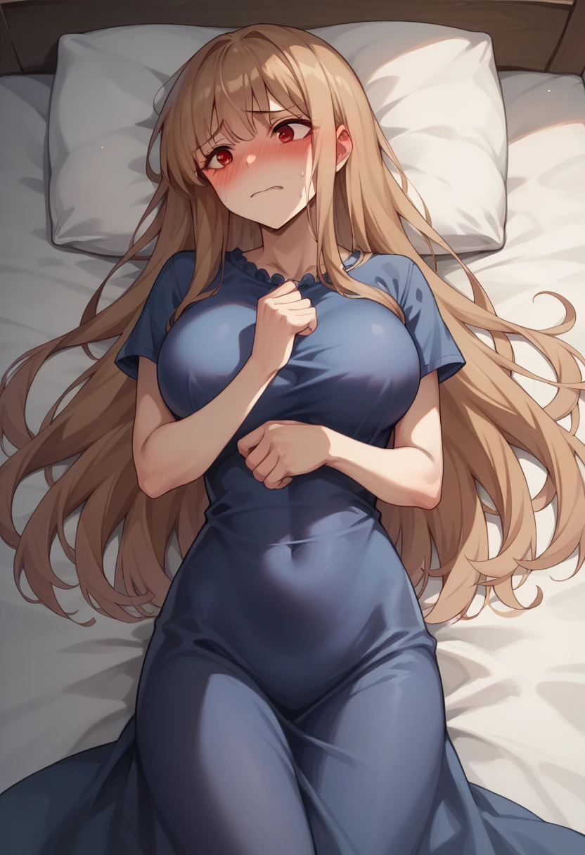 ((masterpiece)), (Highest quality), (detailed), (1 Girl),,Red eyes,Light brown hair、Long Hair、Wolf Ear、,bed、Large Breasts、Embarrassed、blush、T-Shirts(tight)Maxi Dresses