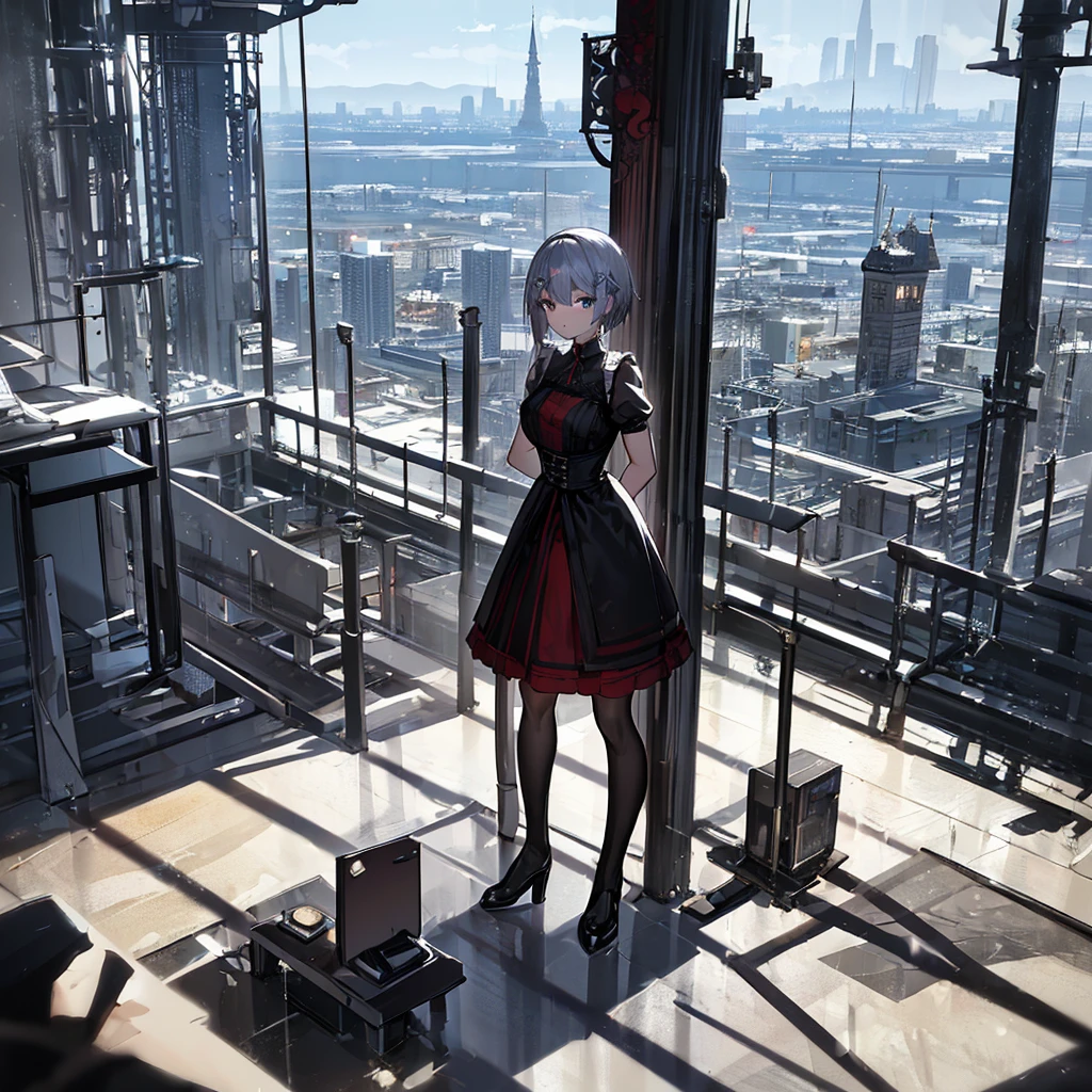 Illustration of one person, Dengeki Bunko, Woman Looking Back, Perfect Human Medicine, Woman keeps falling, {{{{{Maid clothes}}}}},Small Tits,anime, Two legs, Cool,{{{{{50 year old woman}}}}} ,{{{{{a person is depicted}}}}},(Official Art、{{{{{Upper Bodyアングル}}}}},Highest quality、Unity 8k wallpaper、32k、masterpiece、Ultra-detailed、Ultra-high resolution, Realistic、Grab your hair with your hands, Photorealistic:1.2)、(Cinema Lighting:1.2)、,Fire Glow Effect、The most grainy shadows on the film、Rim Light、Side light、Side Shot、(Ultra-detailedで複雑な3Dレンダリング)、Very short hair, Short wolf hair,細部までBeautiful Faceと目、Sharp pupils、Realistic生徒、Slender、Highly detailed background、Beautiful Face、Beautiful 16 year old girl、(Ultra-detailedなスキン、Detailed skin texture:1.Silver Hair:1.3)、Blunt bangs、blue eyes、{{{{{黒いMaid clothes}}}}}、White apron costume、Black knee socks、(Thighs Thighs Thighs Thighs:0.8)、Black Bhutanese sticks and a beautiful sunset、Medieval castle、Dancing on the Tower Roof、(avert your eyes、Overlooking the city:1.3)、Fantastic、Close your mouth and bite, Makes your face smaller, (Tabletop), Highest quality, Perfect Face, 1 Girl, alone, Eye color is light blue, Hair between the eyes, Very Short Hair, blue eyes, Silver Hair, Knee-high boots, corset,Black gloves, Long sleeve, Upper Body,