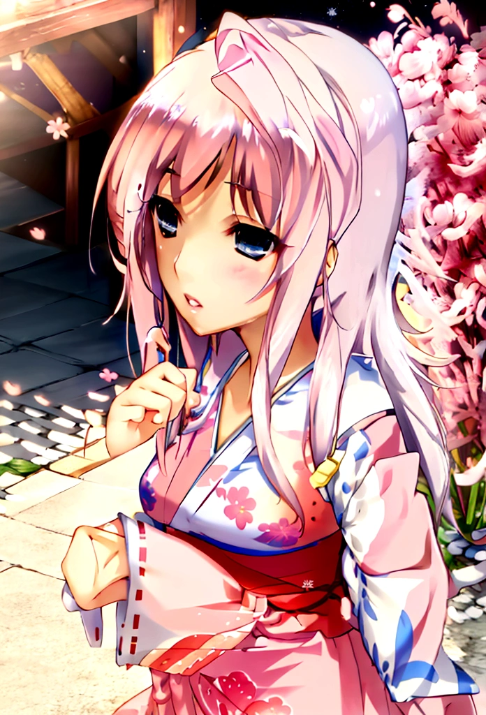 Long, straight pink hair, hair intake, Droopy eyes 1:2, blue eyes, Pink kimono, white ruffles, woman with cherry blossom flower pattern, star hairpin