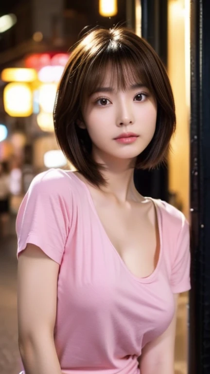 Highest quality、Japanese women、The most beautiful woman in the world、sexy、Brown Hair、Short Hair Style、Small face、Beautiful skin、night、Large breasts、Realistic、Angry face、Pink Shirt