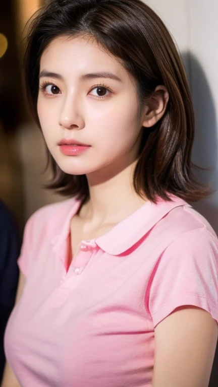 Highest quality、Japanese women、The most beautiful woman in the world、sexy、Brown Hair、Short Hair Style、Small face、Beautiful skin、night、Large breasts、Realistic、Angry face、Pink Shirt