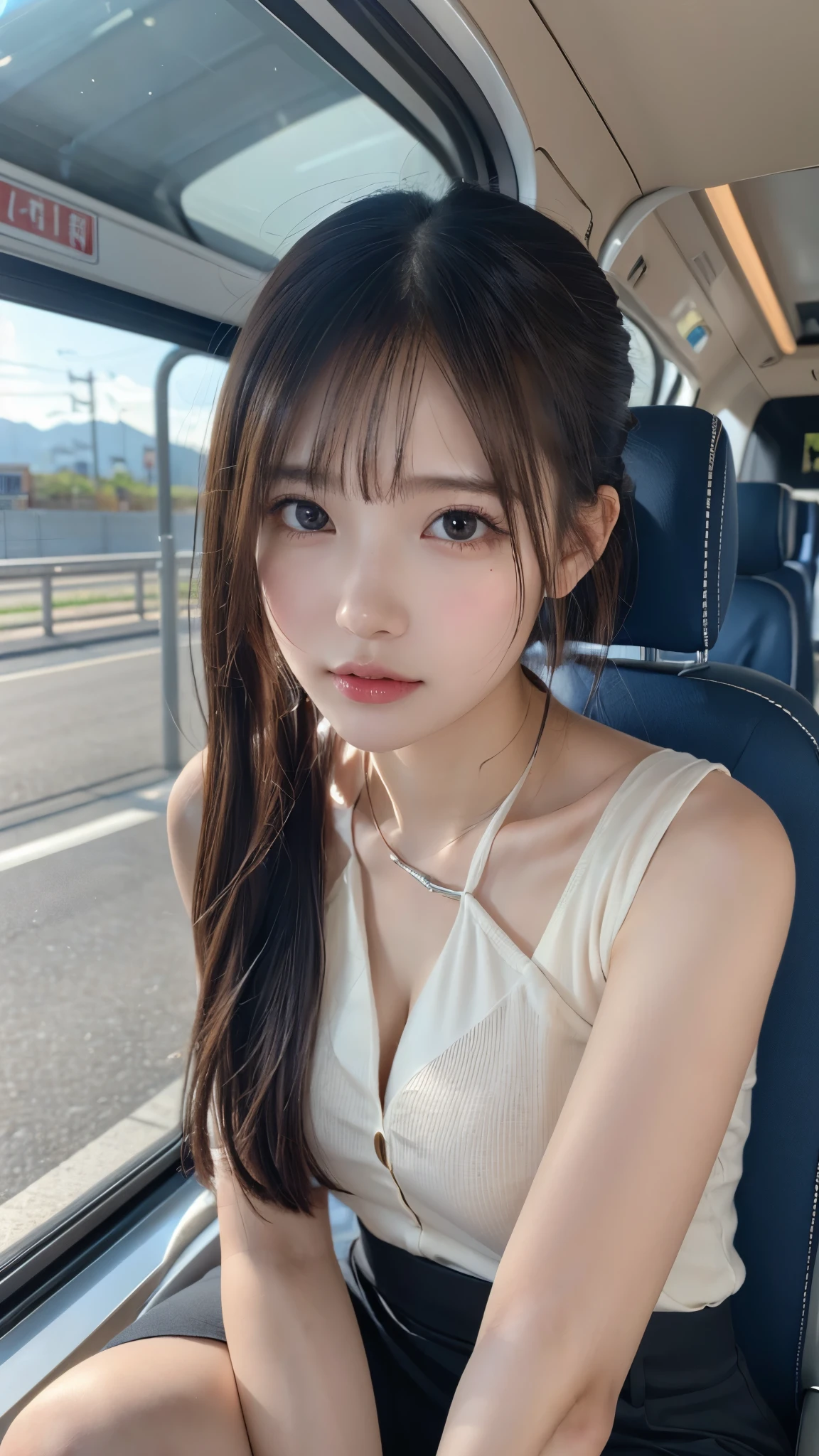 in 8K，photos realistic (1 Cute Korean Idol ) low-tied long hair, Thin makeup, Medium chest size, Close-up portrait, nffsw、Punk Girl、Pendants,FULL BODYSHOT、beauty legs、Beautiful legs、16-year-old 、She's looking at this、(Super beautiful girl:1.5)、(A detailed face)、Adult face、Bare legs, thighs、a closeup、full body Esbian、Nasty eyes,woman in a suit and tie sitting on a train, a hyperrealistic , hyperrealistic , pretty face with arms and legs, cute , ((crossed legs:1.7)), young idol,, japanese girl , juicy legs,((legs visible:1.5)),
