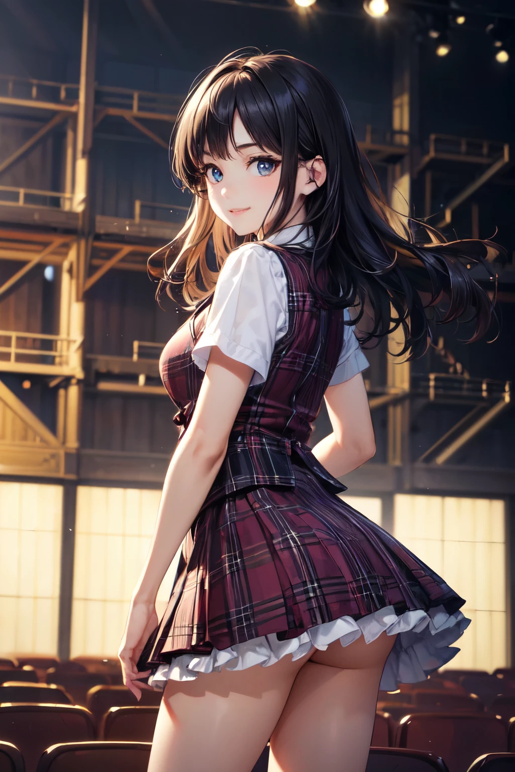 very cute and beautiful girl,(highly detailed beautiful face and eyes),(smile:1.2),happy, black hair,looking at viewer,(leaning forward),(looking back,from behind),singing,beautiful legs,cowboy shot, idol costume like AKB48,akiba idol with detailed frills,plaid vest,plaid blue mini skirt, skirt fluttered in wind,live stage,concert hall,spot light, (best quality,masterpiece),absurdres,highres,ultra-detailed,extremely detailed,32k,8k resolution, intricate details,cinematic scene,detailed background,solo,dynamic angle,realistic,