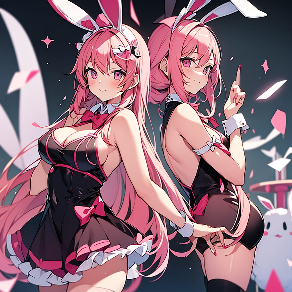 Girl, dressed as a bunny, big rabbit ears, with a bow on the throat, pink hair , flirtatious, anime styling , semi nails/long, black bunny costume 