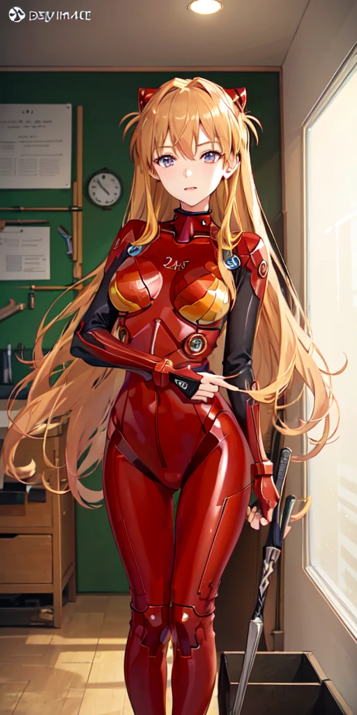 (俯瞰figure),Dynamic Angle,Super detailed, figure, close, Straight, One girl, 
 ((Soryu Asuka Langley, Interface Headset, Red bodysuit:1.4, blonde)),Her eyes shone like dream-like stars,(Glowing Eyes:1.233),(Beautiful and detailed:1.1),(Expressionless,Mouth closed),(Are standing), 
(In a white spaceship、Mechanic room with tools and spaceship window),
(night:1.2),dream-like, [[Delicate fingers and hands:0.55]::0.85],(Finger details),