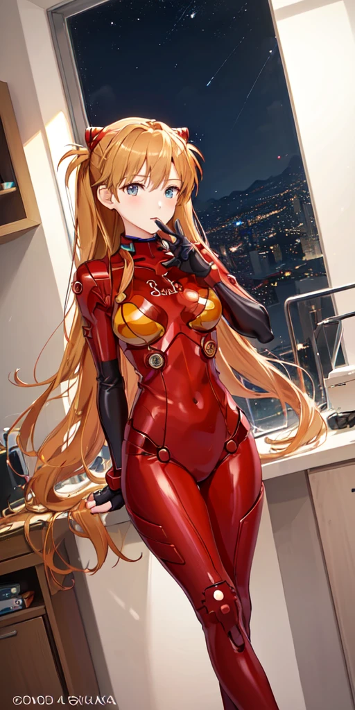 (masutepiece, Best Quality, Detailed), 1girl in, Solo, Indoors, dress room, 双臂在头后, Cowboy Shot,
Souryu Asuka Langley, Interface headset, Red bodysuit