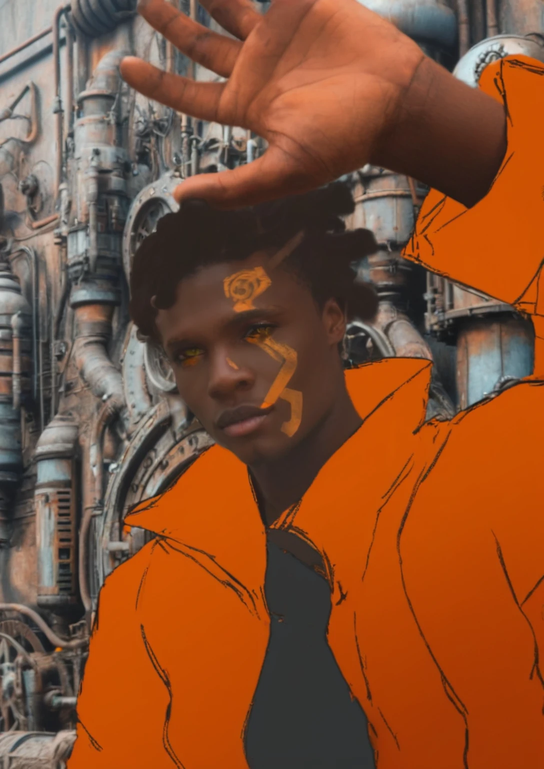 sci fi movie scene, of a young man with short  twist locks, twist dreadlocks  and marking on his face and orange eyes wearing a orange suite,steam punk background