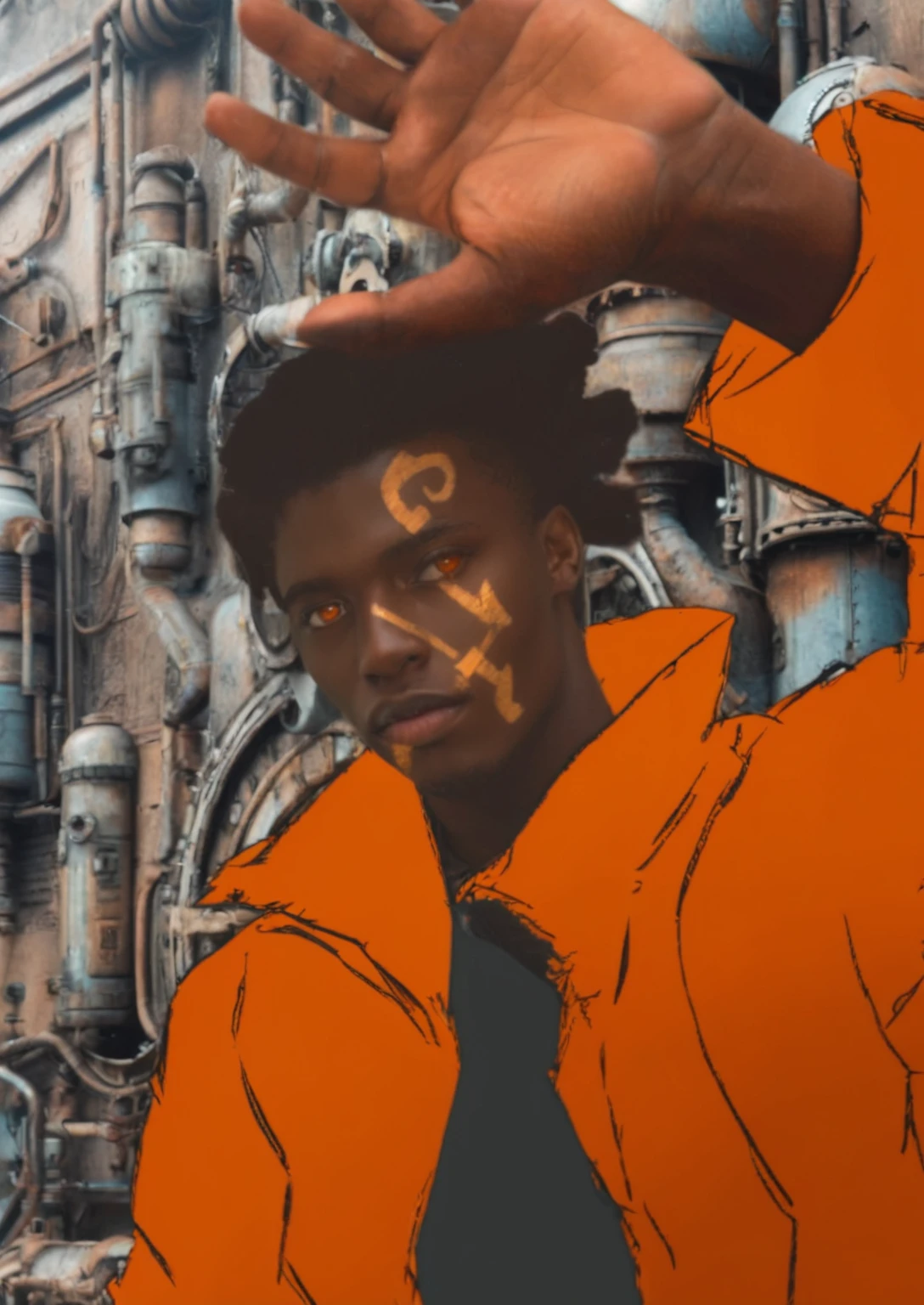 sci fi movie scene, of a young man with short  twist locks, twist dreadlocks  and marking on his face and orange eyes wearing a orange suite,steam punk background