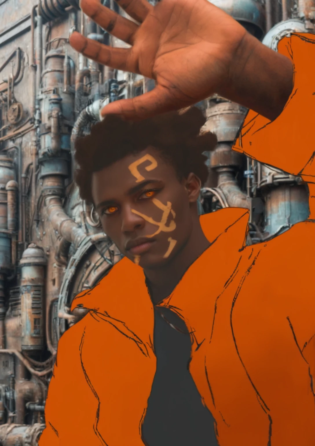 sci fi movie scene, of a young man with short  twist locks, twist dreadlocks  and marking on his face and orange eyes wearing a orange suite,steam punk background