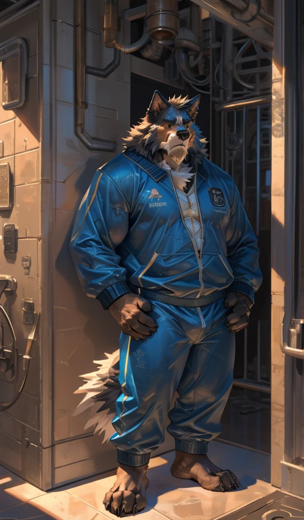 By Taran Fiddler, one man, anthro canine (Bearded Collie breed), adult male, elderly, slightly wrinkled face, bushy eyebrows, stern facial expression, grumpy, bushy mustache, slightly short height, dilf, hands on his hips. standing in a hallway, wearing plain blue track suit, leaning against wall, oil rig, inside