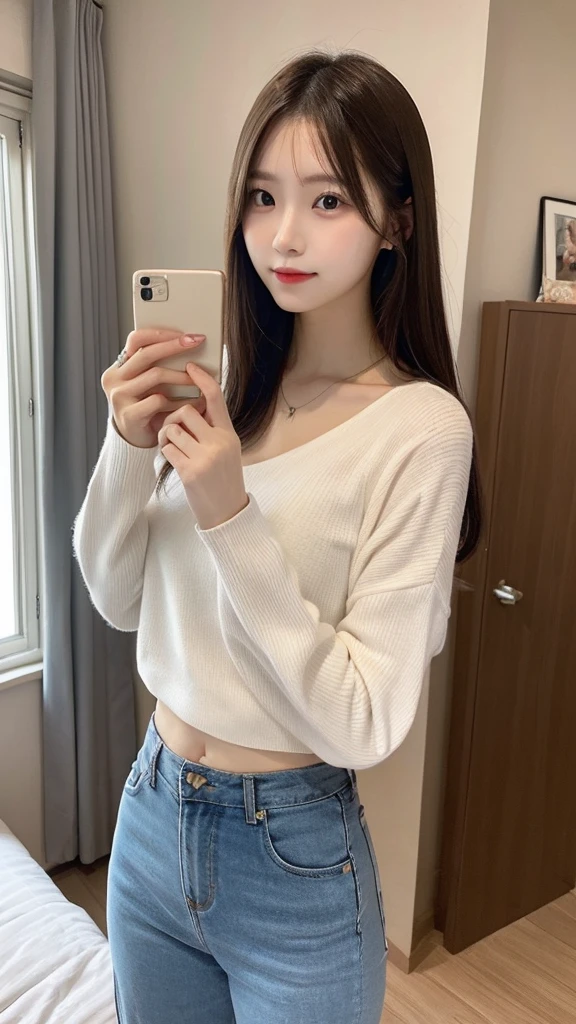 korea beauty, long hair, tight clothes, room with sunny window, selfie --s 750 --v 6.0, (mix4:1.0)