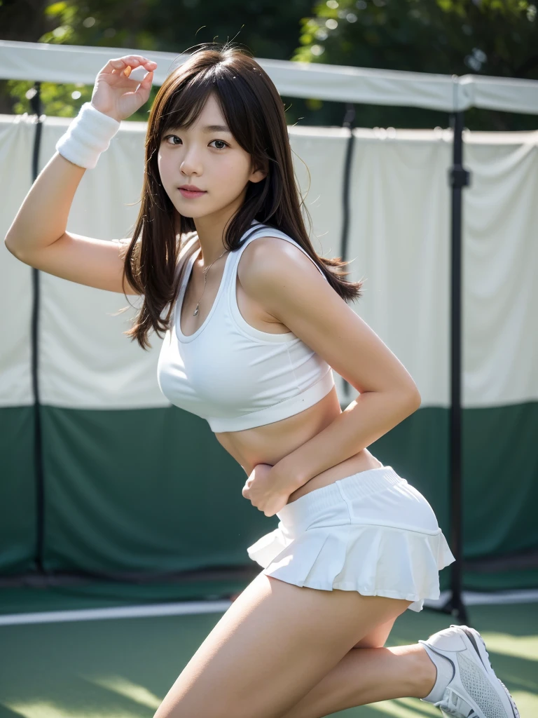 tennis、tennisラケット、tennisボール、tennisコート、(Highest quality)、((Very detailed))、4K、(8K)、masterpiece、Very detailedな、Highest quality、Super Resolution、1 person、Kind Face、Soft Light、RAW quality、Soft Skin、163cm、30 years old、Thighs、Swing