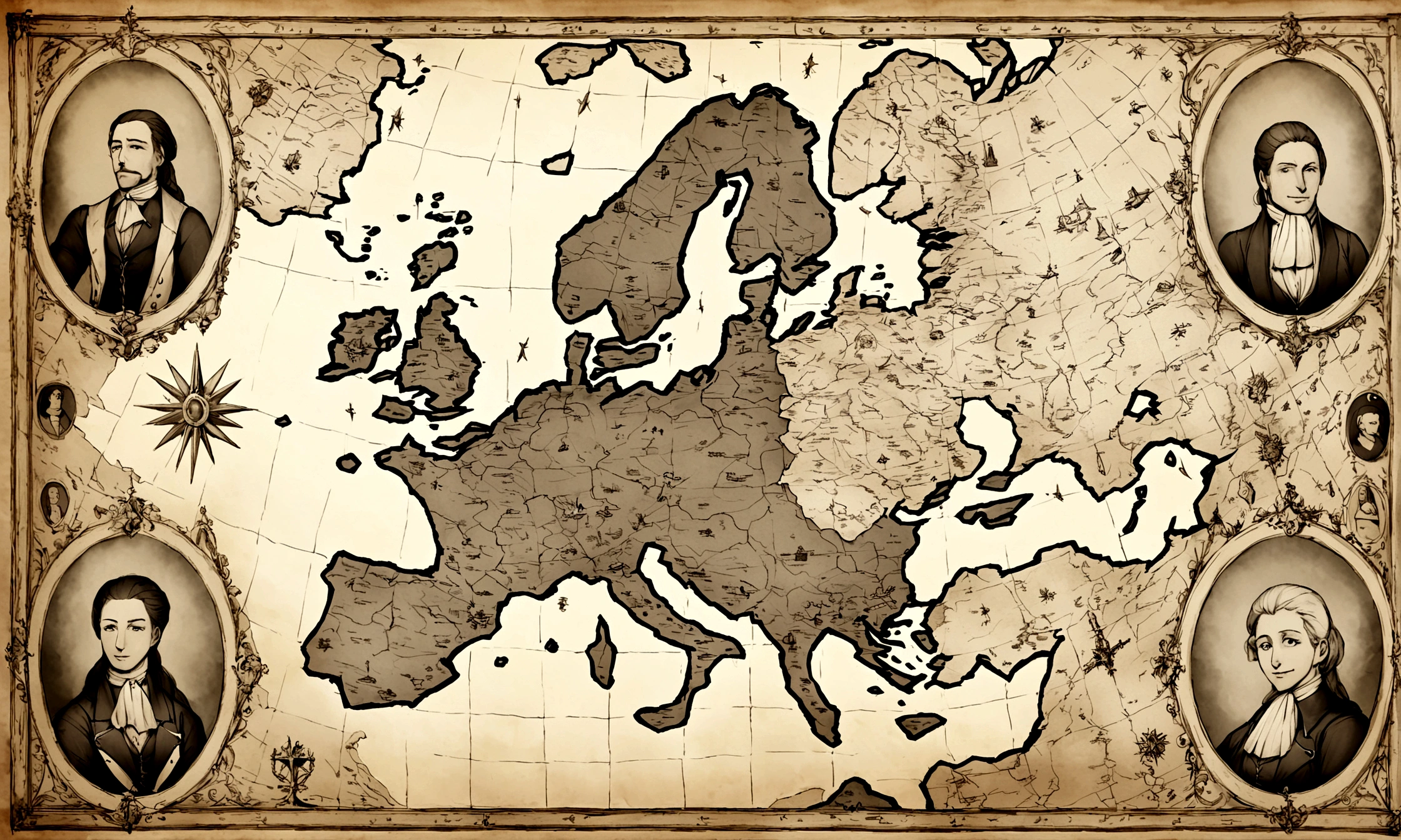 This photo shows several judges in the 18th century,They used a knife and fork to tear off a large map of Europe
