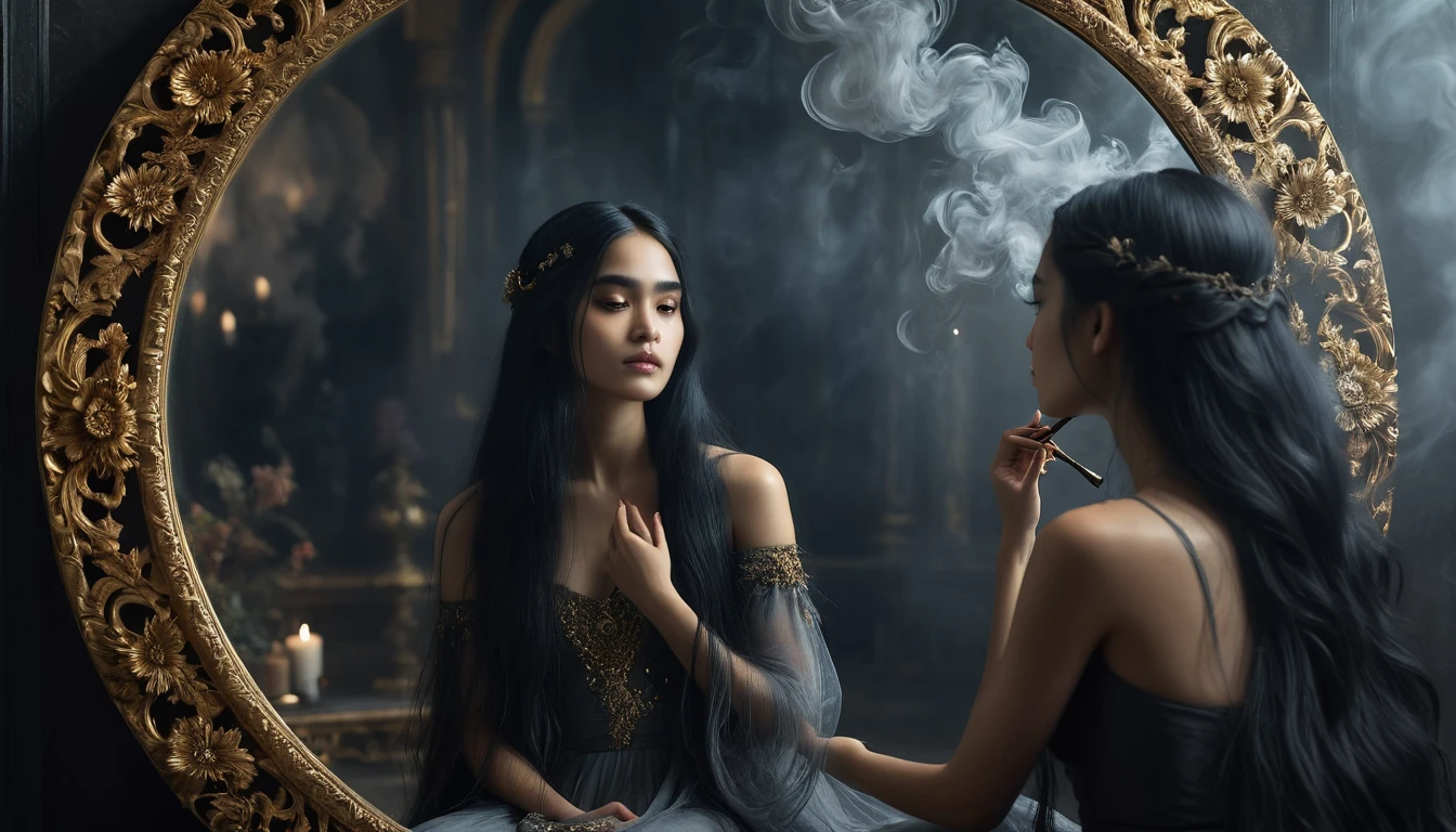 1girl, looking at the mirror, sitting, the death reflection, golden circle frame floral carved mirror, long black hair, mystical elemental, ethereal, dark smoke surrounded, dramatic light, creepy scene, crisp, terrifying, dimmed light, a hand bone emerged from the mirror, super detailed, UHD, 8k, epic realism, fantasy art, photo art.