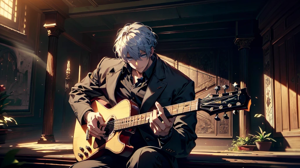 "best quality , High quality , The best details ,Portrait of a passionate guitarist,father, in the bedroom,A place where sunlight shines through , Create a play of light and shadow.. Guitarist holding a wooden guitar, inside the room, striking black shirt. Mesmerizing performance moments, Musicians immerse themselves in music.,beautiful sky,a young man,short hairstyle,black short hair,handsome, blue eyes, handsome, father,Wear a wedding ring on the finger,wife,woman sitting listening to music,lover,White-haired woman, blue eyes"