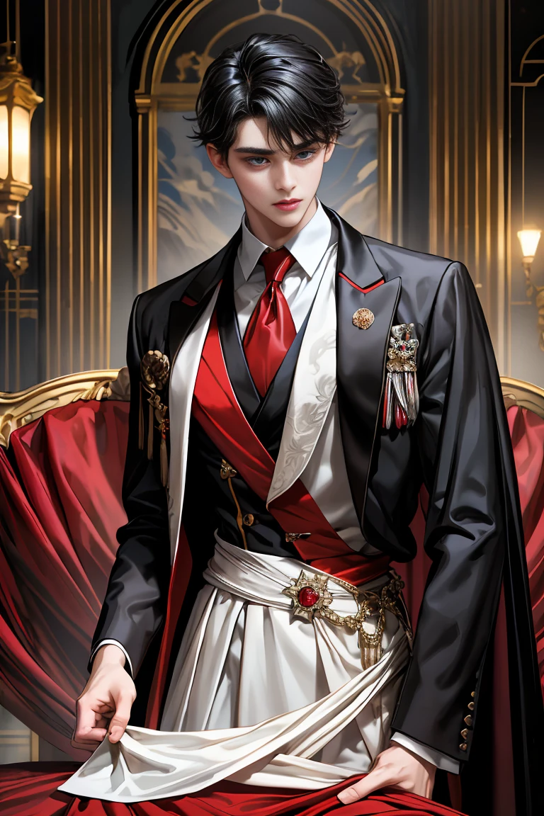 masterpiece, 最high quality, high quality, 1 boy, alone, Male focus, Watching the audience, Messy black hair, Adorable big blue eyes, White people, Noble, Noble,Sexy voluminous black and red cape、Tuxedo、A very voluminous, large, very large, very large, long, long red and black cape with a high stand-up collar, reaching down to the floor, made of a lot of fabric., ,Cute beautiful boys,Cute, cute, kind, handsome guy