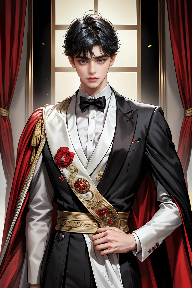 
masterpiece, 最high quality, high quality, 1 boy, alone, Male focus, Watching the audience,  Messy black hair, Adorable big blue eyes, White people, Noble, Noble,Sexy voluminous black and red cape、Tuxedo、A very voluminous, large, very large, very large, long, long red and black cape with a high stand-up collar, reaching down to the floor, made of a lot of fabric., ,Cute beautiful boys,Cute, cute, kind, handsome guy