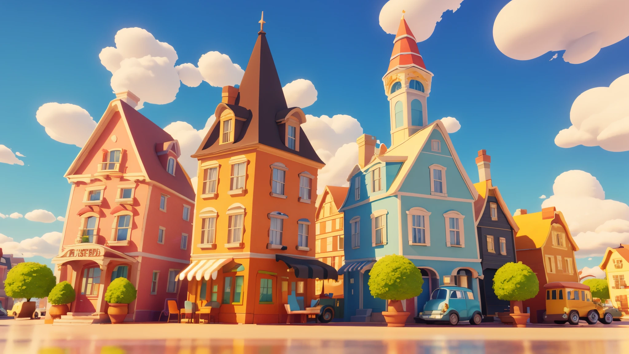 work of art, best qualityer, tom,3d, citys, colorful houses, trees, beautiful clouds, citys 3D, Disney pixar style