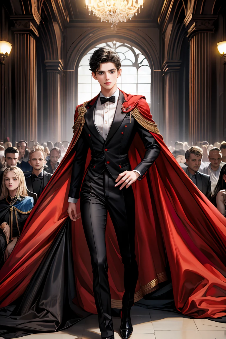 
masterpiece, 最high quality, high quality, 1 boy, alone, Male focus, Watching the audience,  Messy black hair, Adorable big blue eyes, White people, Noble, Noble,Sexy voluminous black and red cape、Tuxedo、A very voluminous, large, very large, very large, long, long red and black cape with a high stand-up collar, reaching down to the floor, made of a lot of fabric., ,Cute beautiful boys,Cute, cute, kind, handsome guy