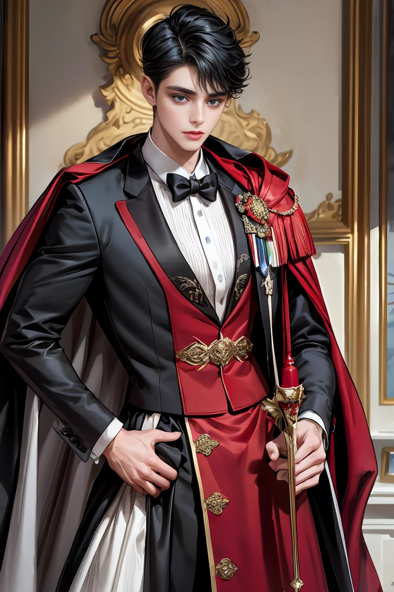 
masterpiece, 最high quality, high quality, 1 boy, alone, Male focus, Watching the audience,  Messy black hair, Adorable big blue eyes, White people, Noble, Noble,Sexy voluminous black and red cape、Tuxedo、A very voluminous, large, very large, very large, long, long red and black cape with a high stand-up collar, reaching down to the floor, made of a lot of fabric., ,Cute beautiful boys,Cute, cute, kind, handsome guy