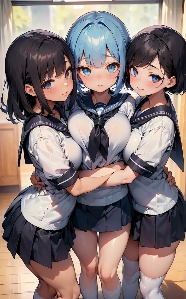 (Cute eyes:1.2), (Colorful eyes:1.2),(Beautiful Eyes:1.2), Highest quality,wonderful,finely,Highly detailed CG Unity 8k wallpaper, (The three of them lined up and hugged:1.2),(Three people with different physiques:1.3), (Three Girls, Sailor suit,  Dressed), (Huge Tits:1.3), (Open your mouth:1.1),(White knee socks:1.4),(Plump thighs:1.5),(Waistline:1.2),(同じSailor suit:1.4),(From behind:1.2),(Beautiful eyes:1.2),(Different hairstyle),(All three have different eye colors:1.2),(All three have different skin colors:1.2)