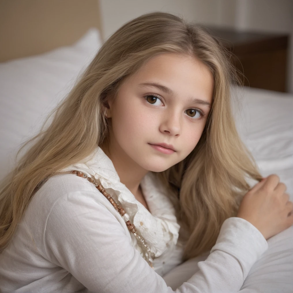 a 12 year old American girl ,It is captured in a moment of tranquility. Your head is gently cradled by a gentle, White pillow, suggesting a comfortable and calm environment. Your brown eyes express your illness. ,Her hair is blonde and long , ,captivating pelodun and coffee shade, They are looking directly at the camera, adding a sense of connection with the viewer. Her skin is adorned with a delicate necklace that adds a touch of elegance to her appearance.... The room&#39;s soft lighting casts a soft glow on your face.., highlighting your features and adding a dreamlike quality to the scene.  cinematographic, Parts, smile cute
. 