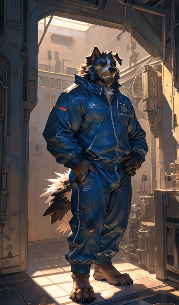 By Taran Fiddler, one man, anthro canine (Bearded Collie breed), adult male, elderly, slightly wrinkled face, bushy eyebrows, stern facial expression, grumpy, bushy mustache, slightly short height, dilf, hands on his hips. standing in a hallway, wearing plain blue track suit, leaning against wall, oil rig, inside