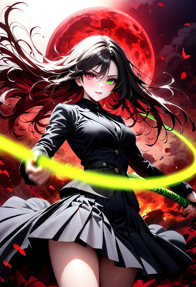 Japanese Anime,Second Dimension,Japanese Anime,1 girl swinging a whip,Smile,White long haire butterflys,Anime style,body movements,Sense of Power,Force Value,(((Heterochromia:1.37))),(((Black pleated skirt,))),Elegant Posture、Red Moon、dark purple tones,Elegant and atmospheric。,(((Fluorescent green whip:1.37。Motion blurred,Motion Blur))),Petals in the sky,Blurred foreground,Face Focus
