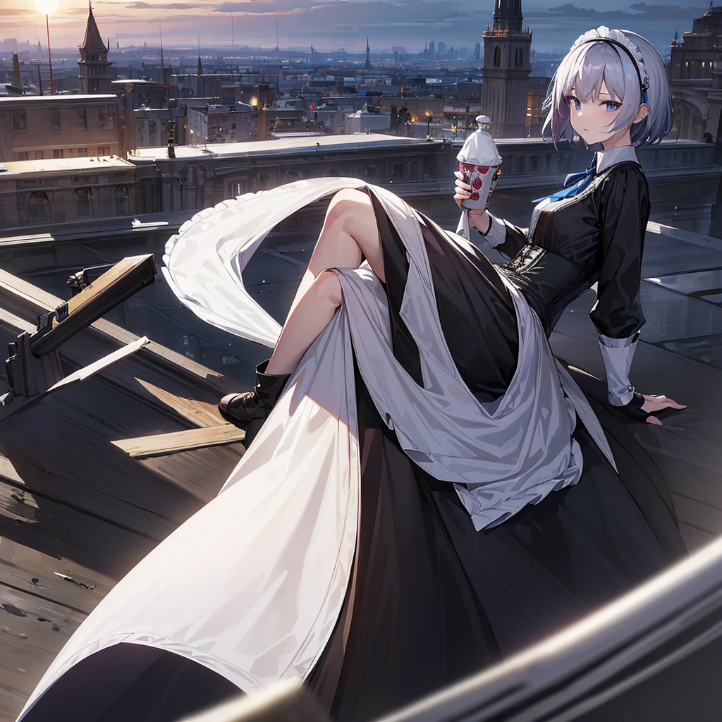 Illustration of one person, Dengeki Bunko, Woman Looking Back, Perfect Human Medicine, Woman keeps falling, {{{{{Maid clothes}}}}},Small Tits,anime, Two legs, Cool,{{{{{50 year old woman}}}}} ,{{{{{a person is depicted}}}}},(Official Art、{{{{{Upper Bodyアングル}}}}},Highest quality、Unity 8k wallpaper、32k、masterpiece、Ultra-detailed、Ultra-high resolution, Realistic、Grab your hair with your hands, Photorealistic:1.2)、(Cinema Lighting:1.2)、,Fire Glow Effect、The most grainy shadows on the film、Rim Light、Side light、Side Shot、(Ultra-detailedで複雑な3Dレンダリング)、Very short hair, Short wolf hair,細部までBeautiful Faceと目、Sharp pupils、Realistic生徒、Slender、Highly detailed background、Beautiful Face、Beautiful girl、(Ultra-detailedなスキン、Detailed skin texture:1.Silver Hair:1.3)、Blunt bangs、blue eyes、{{{{{黒いMaid clothes}}}}}、White apron costume、Black knee socks、(Thighs Thighs Thighs Thighs:0.8)、Black Bhutanese sticks and a beautiful sunset、Medieval castle、Dancing on the Tower Roof、(avert your eyes、Overlooking the city:1.3)、Fantastic、Close your mouth and bite, Makes your face smaller, (Tabletop), Highest quality, Perfect Face, 1 Girl, alone, Eye color is light blue, Hair between the eyes, Very Short Hair, blue eyes, Silver Hair, Knee-high boots, corset,Black gloves, Long sleeve, Upper Body,