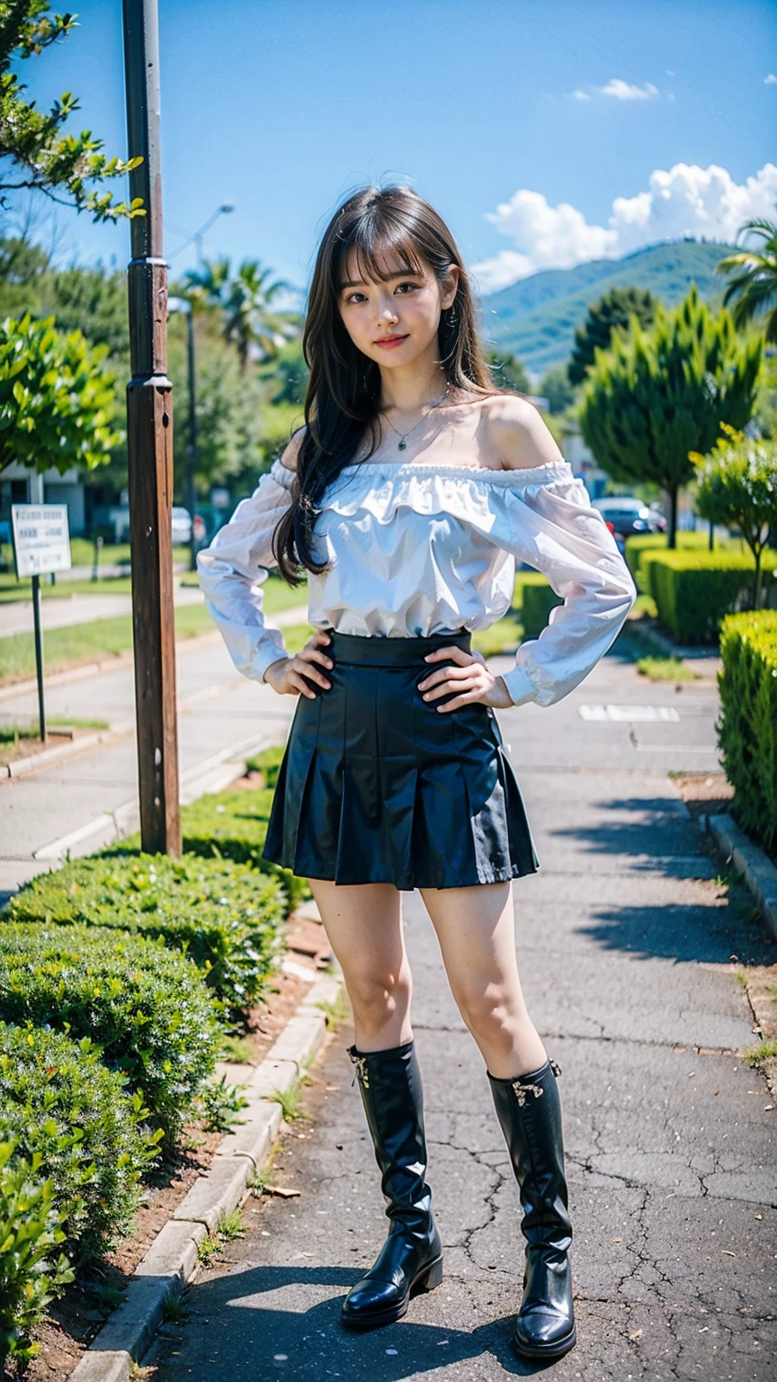 (8K、RAW Photos、Highest quality、masterpiece:1.2)、(Highest quality、Realistic)、1 Girl、((Frills、See-through、smile、Off the shoulder、tights、black and white mini skirt、Thin legs、whole body、boots、garden、View from the front、Looking into the camera、Idol Costume、、Stand with hands on hips))、cute