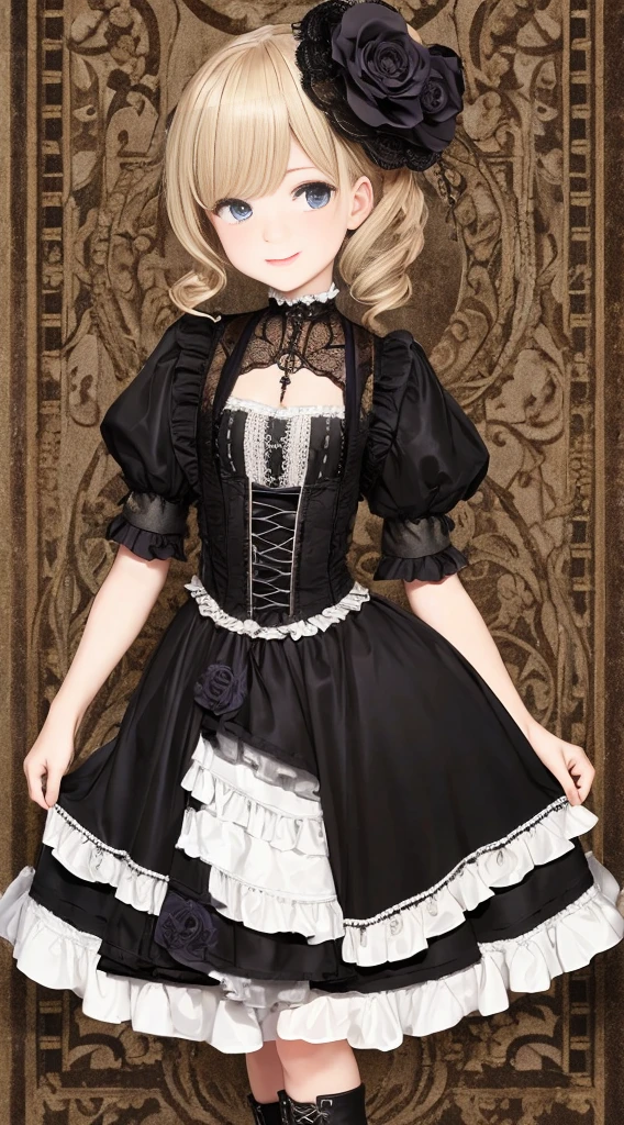 woman wearing dress and boots , baroque dress, in detailed steampunk dress, an elegant gothic princess, victorian gothic ta fashion, Historical Baroque Dress Dark, black gothic loliress, fantasy style clothing, rococo dress, black rococo, classical witch, fantasy outfit, wearing a gothic dress, romantic dress, gothic dress,a blond,25-years old,(whole body)Mischievous laugh