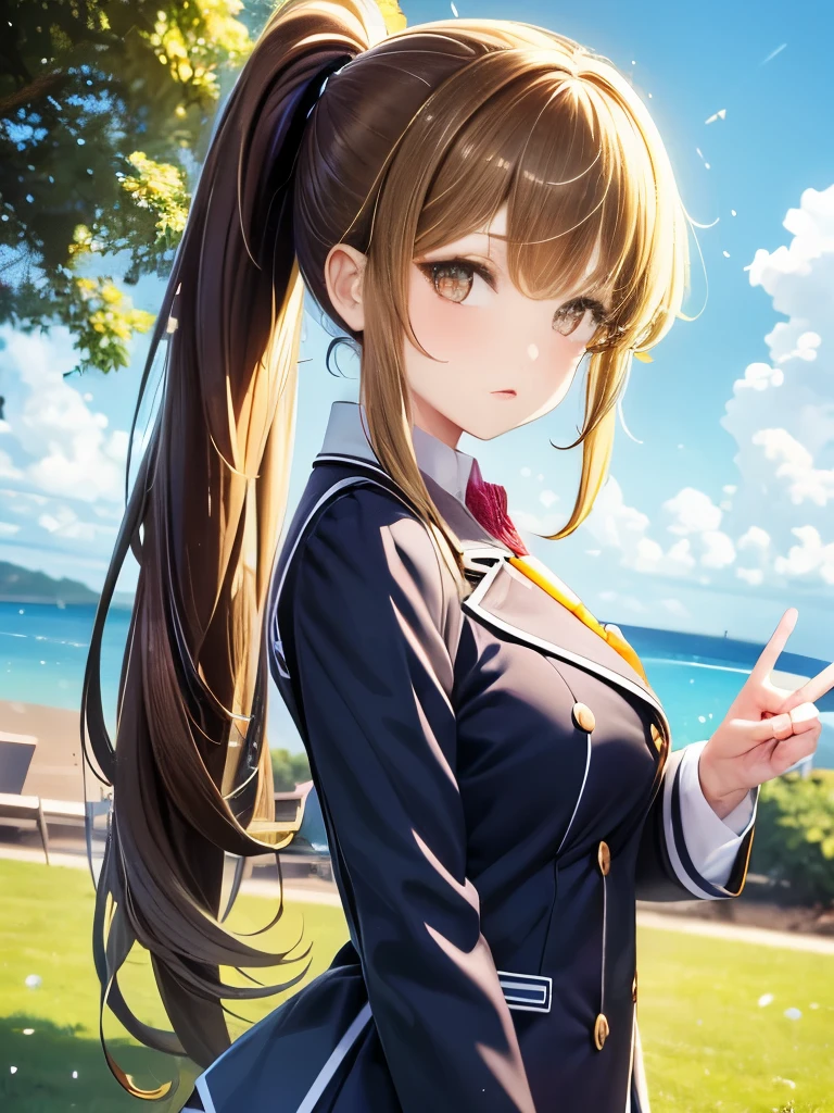 One girl, alone, Ultra high definition, face, Upper Body,Portraiture, Long Hair, ponytail, Shiny hair, Brunette, Amber Eyes, Beautiful breasts, (JK Uniform:1.2),Summer uniform, Beautiful breasts, School, Blushing, Looking at the audience, 8K Ultra HD, Soft skin texture, 