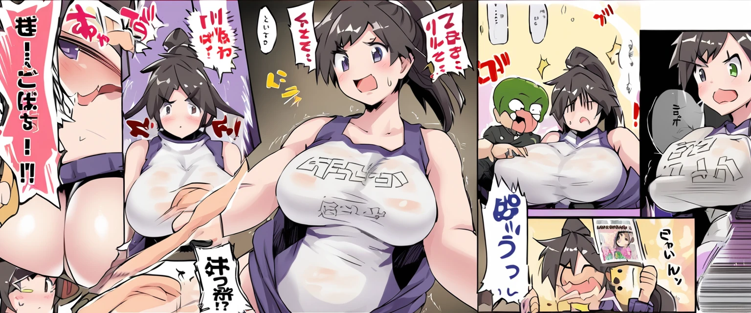 Incorporate manga-style speech bubbles, which are often expressive and visually integrated with the rest of the art.One girl,ponytail、18-year-old、、Big Breasts、Grrrr、regrettable、I'm at a loss、Red hair、Manga Style、tits、Sex、Titty fuck