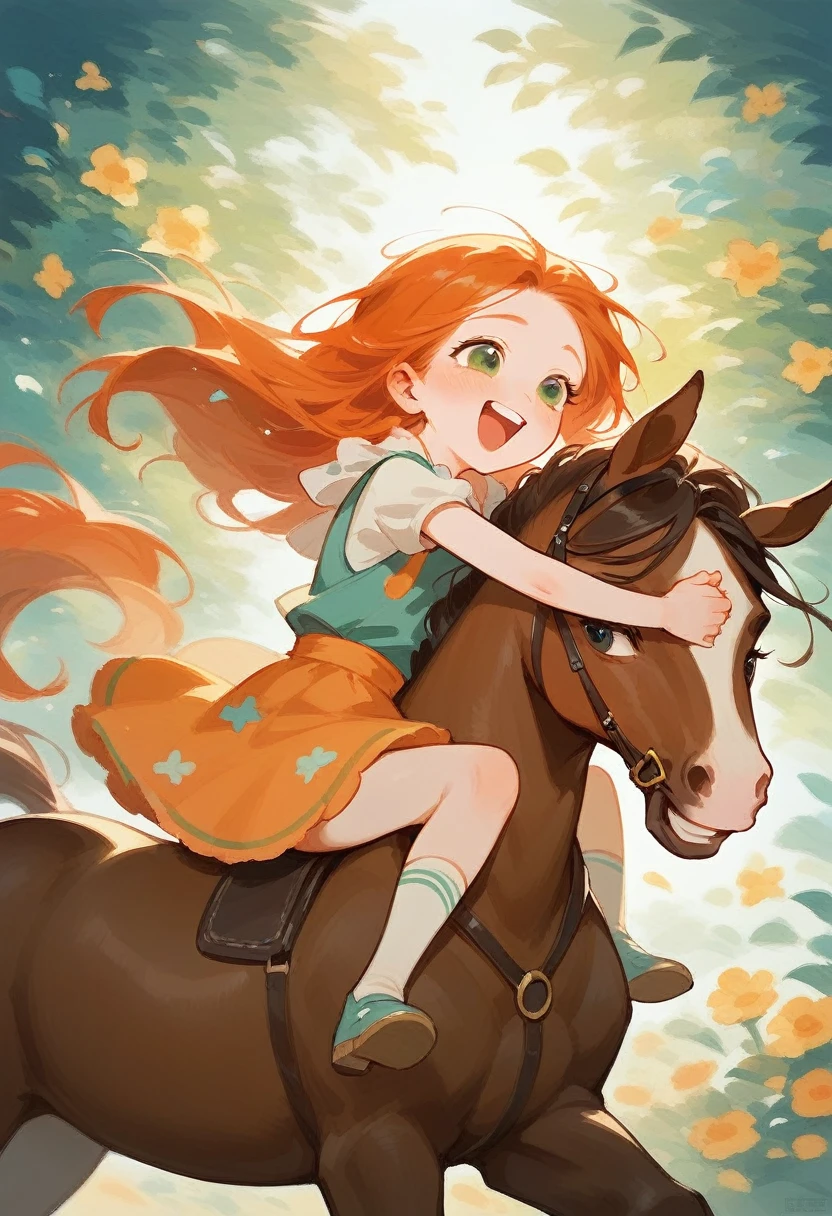 A girl riding a horse, hugging him, laughing, ginger hair, yellow-green eyes