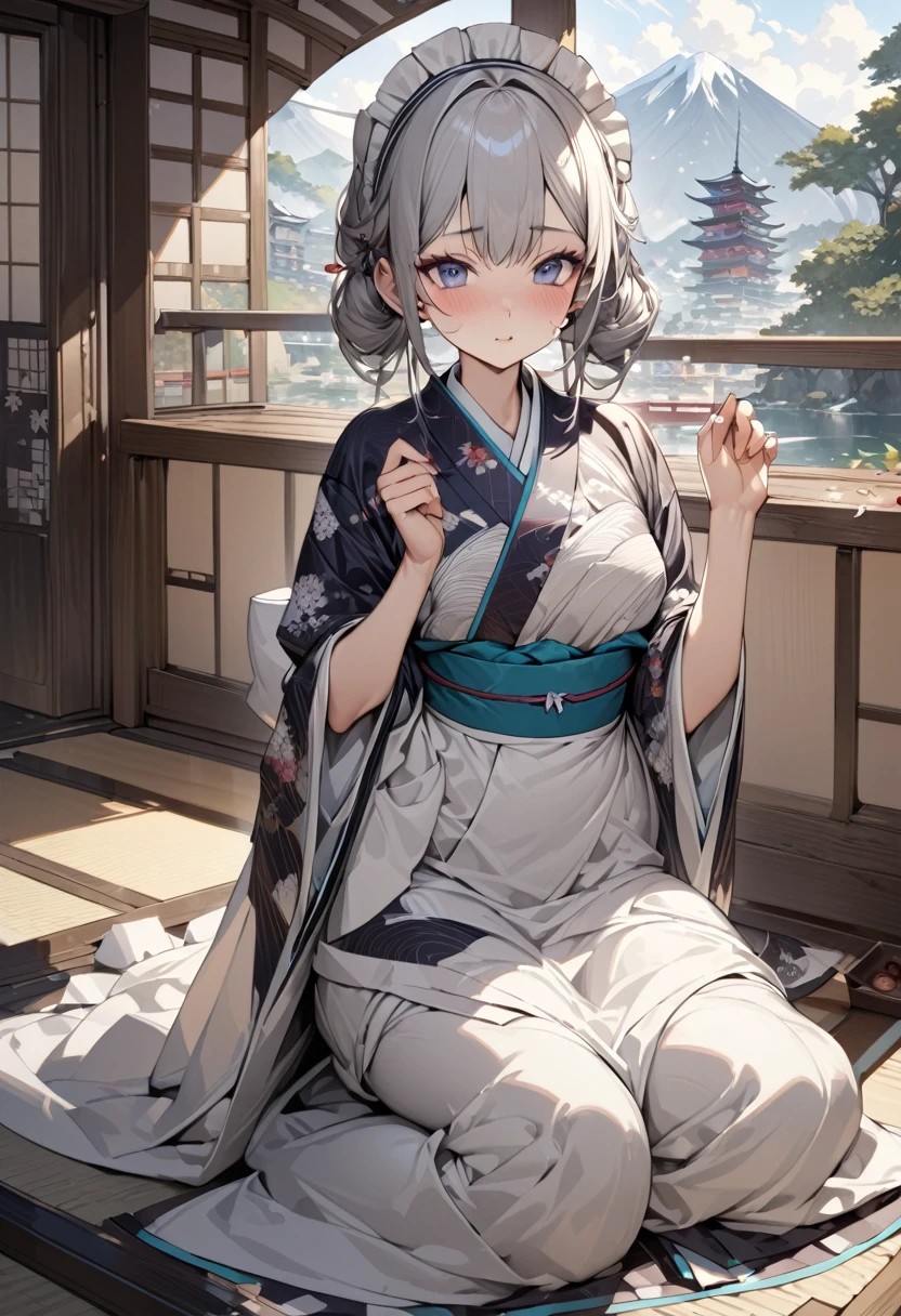 Young beautiful woman,(Highest quality,Extremely detailed depiction,Incredibly absurd high resolution,Anatomically accurate depiction,)(Japanese style maid),A gorgeously patterned kimono,Maid clothes,Maid&#39;s Headband,pantyhose,latex,eyelash,Brightly glowing purple eyes,There is cleavage in the chest,Black Hair,Perfect body,Seductive gestures,background:Japanese-style room at night