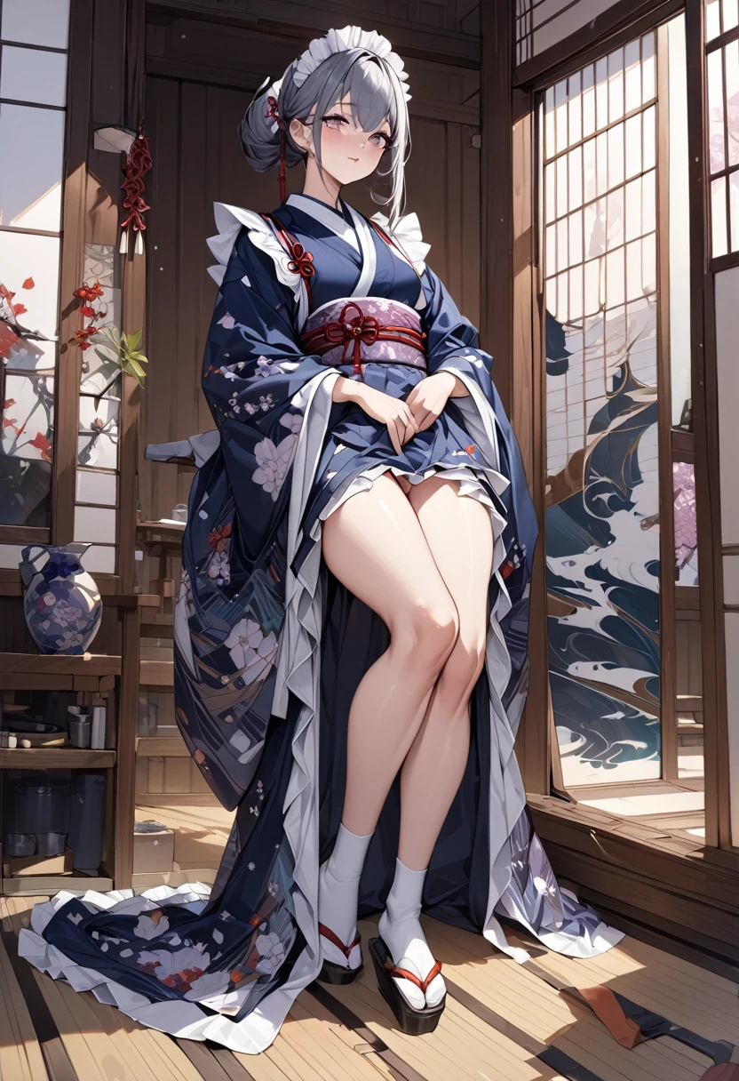 Young beautiful woman,(Highest quality,Extremely detailed depiction,Incredibly absurd high resolution,Anatomically accurate depiction,)(Japanese style maid),A gorgeously patterned kimono,Maid clothes,Maid&#39;s Headband,pantyhose,latex,eyelash,Brightly glowing purple eyes,There is cleavage in the chest,Black Hair,Perfect body,Seductive gestures,background:Japanese-style room at night