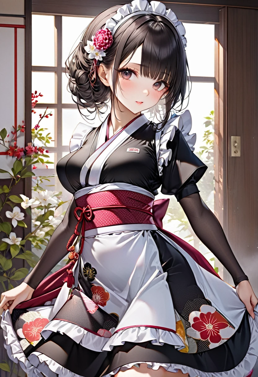 Young beautiful woman,(Highest quality,Extremely detailed depiction,Incredibly absurd high resolution,Anatomically accurate depiction,Nice hands, Perfect Fingers,Curvy Legs)(Sexy Japanese maid),(kimono,Maid clothes,Maid&#39;s Headband,garter belt,White Stockings),eyelash,Brightly glowing purple eyes,There is cleavage in the chest,Black Hair,Perfect body,Depict the whole body,background:Japanese-style room