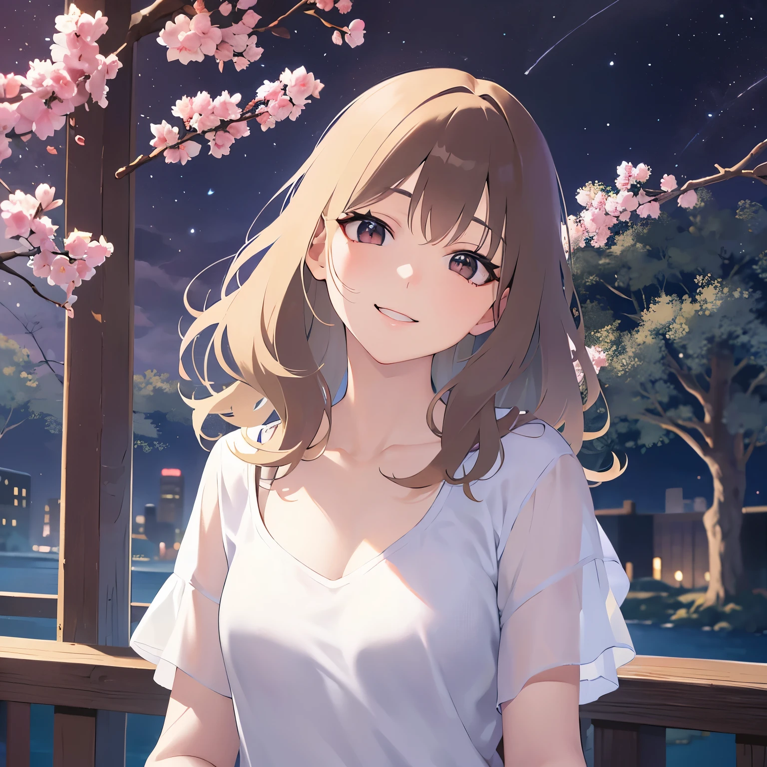 lookin at viewer,full Body, Looking up、head tilt、
Realistic, real person, (pale skin: 1.2), RAW photo, photorealistic, shiny skin, shiny hair、
(A 25-year-old woman with bob hair and bangs) and (wavy hair) and (brown hair) and (Orange Eyes)、(white) and (T-shirt) and (v neck) 、Cleavage、
smile,Midnight in the Park、Night Sky