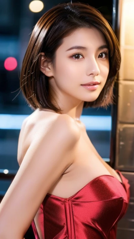 Highest quality、Japanese women、The most beautiful woman in the world、sexy、Brown Hair、Short Hair Style、Small face、Beautiful skin、night、Large breasts、Realistic、Brush your hair back、Red Dress、sexyな表情