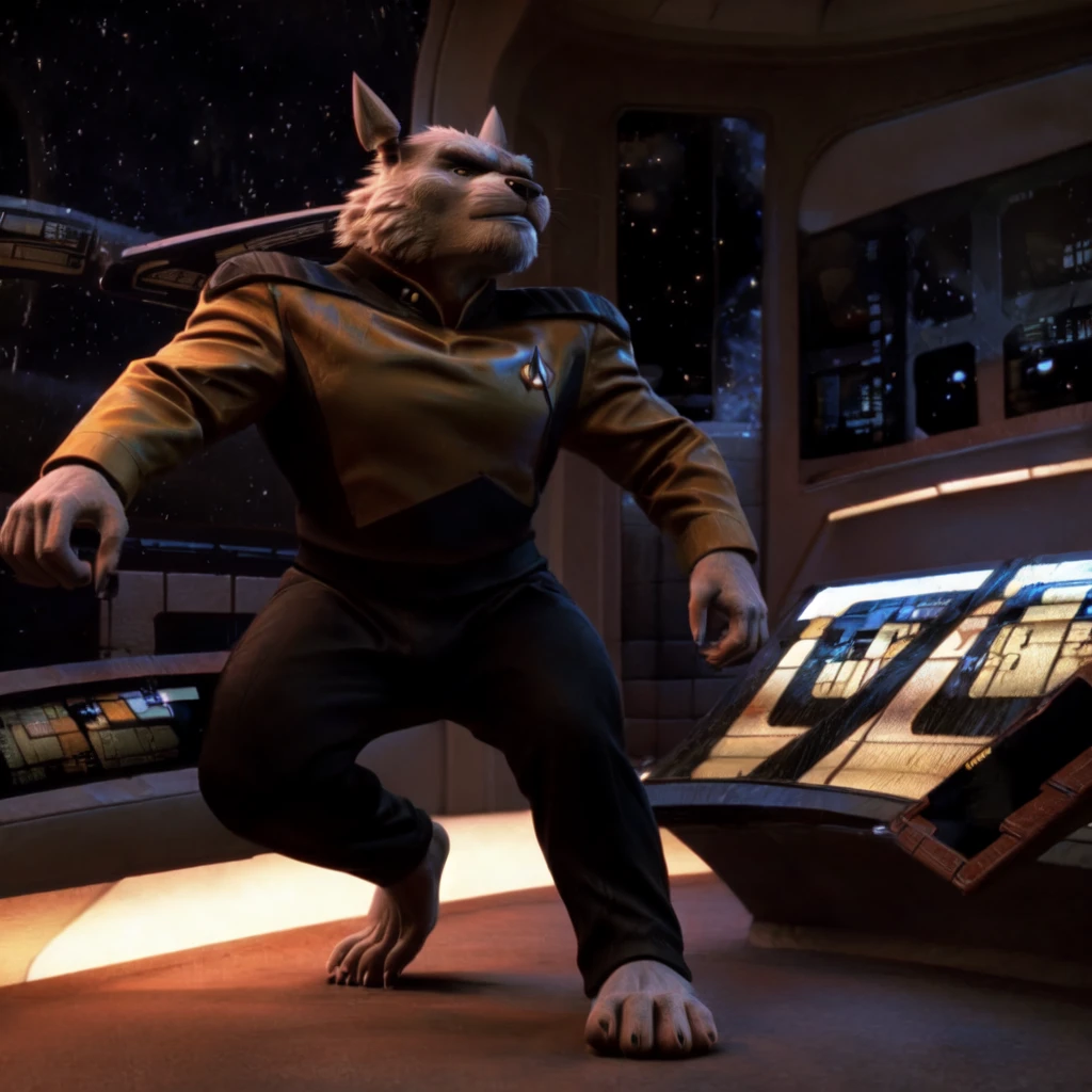 (((Barefoot furry character, full body, cinematic setting, furry male, plantigrade))) 

captain ((Totoro)), studio ghibili, furry, big, fat, whiskers, grey skin, claws,

exudes confidence and authority on starship bridge, wears star trek next generation security yellow uniform, ((s3stngunf uniform))) long black pants, muscular figure, dynamic pose, action expression

((Bridge of starship with many screens and consoles)), futuristic look, metalic, bright colors

BREAK, intricate details, highly detailed, extreme detail, octane render, fine art, best quality, highres, (detailed face:1.5), ((full_body)), UHD, (((perfect hands))), ((low light:1.5))