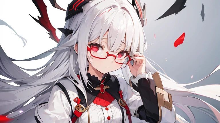Super delicate white-haired cute girl, 1 Girl, Small Breasts, Long hair, curls, Red Eye, Wearing glasses , Researcher  , feel sad