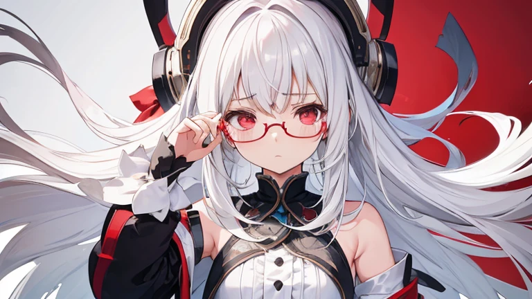 Super delicate white-haired cute girl, 1 Girl, Small Breasts, Long hair, curls, Red Eye, Wearing glasses , Researcher  , feel sad