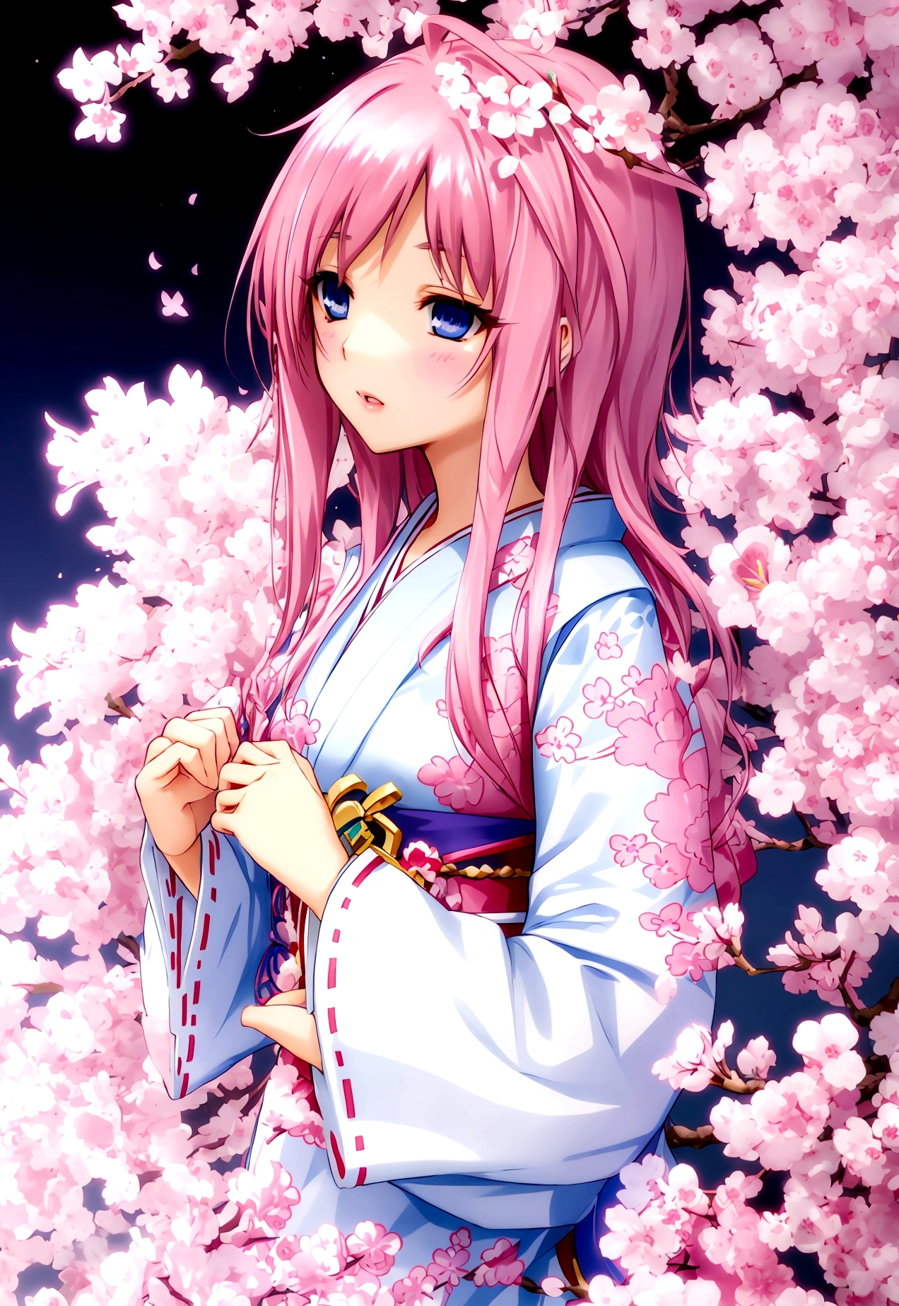Long straight pink hair, hair intake, droopy eyes 1:2, blue eyes, pink kimono, white frills, woman with cherry blossom flower pattern, star hairpin