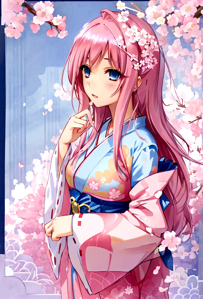 Long straight pink hair, hair intake, droopy eyes 1:2, blue eyes, pink kimono, white frills, woman with cherry blossom flower pattern, star hairpin