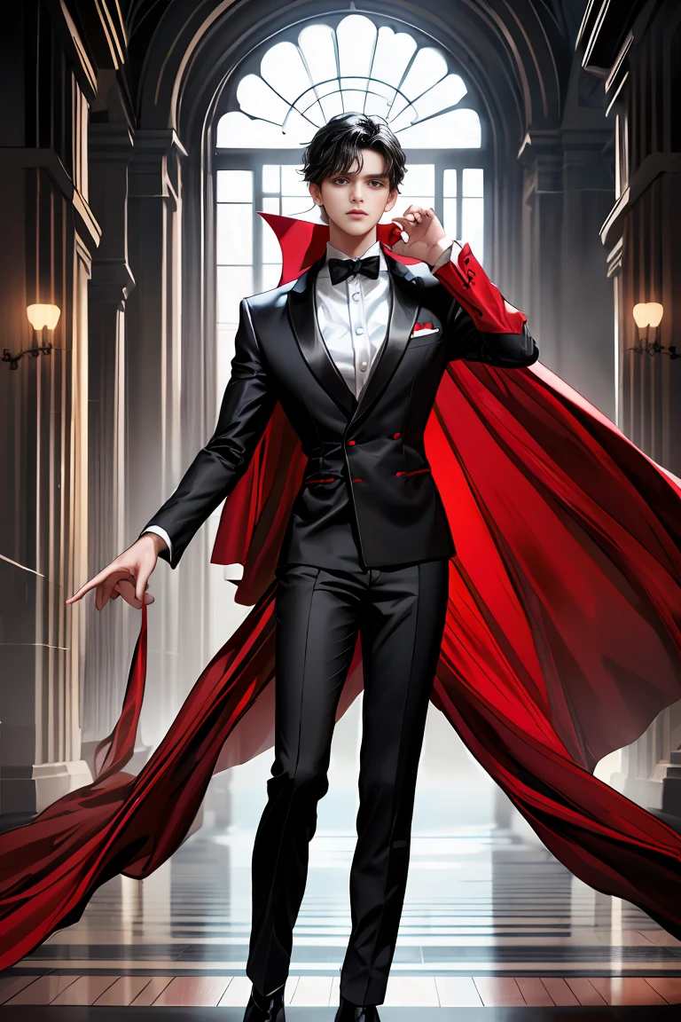 
masterpiece, 最high quality, high quality, 1 boy, alone, Male focus, Watching the audience,  Messy black hair, Adorable big blue eyes, White people, Noble, Noble,Sexy voluminous black and red cape、Tuxedo、A very voluminous, large, very large, very large, long, long red and black cape with a high stand-up collar, reaching down to the floor, made of a lot of fabric., ,Cute beautiful boys,Cute, cute, kind, handsome guy