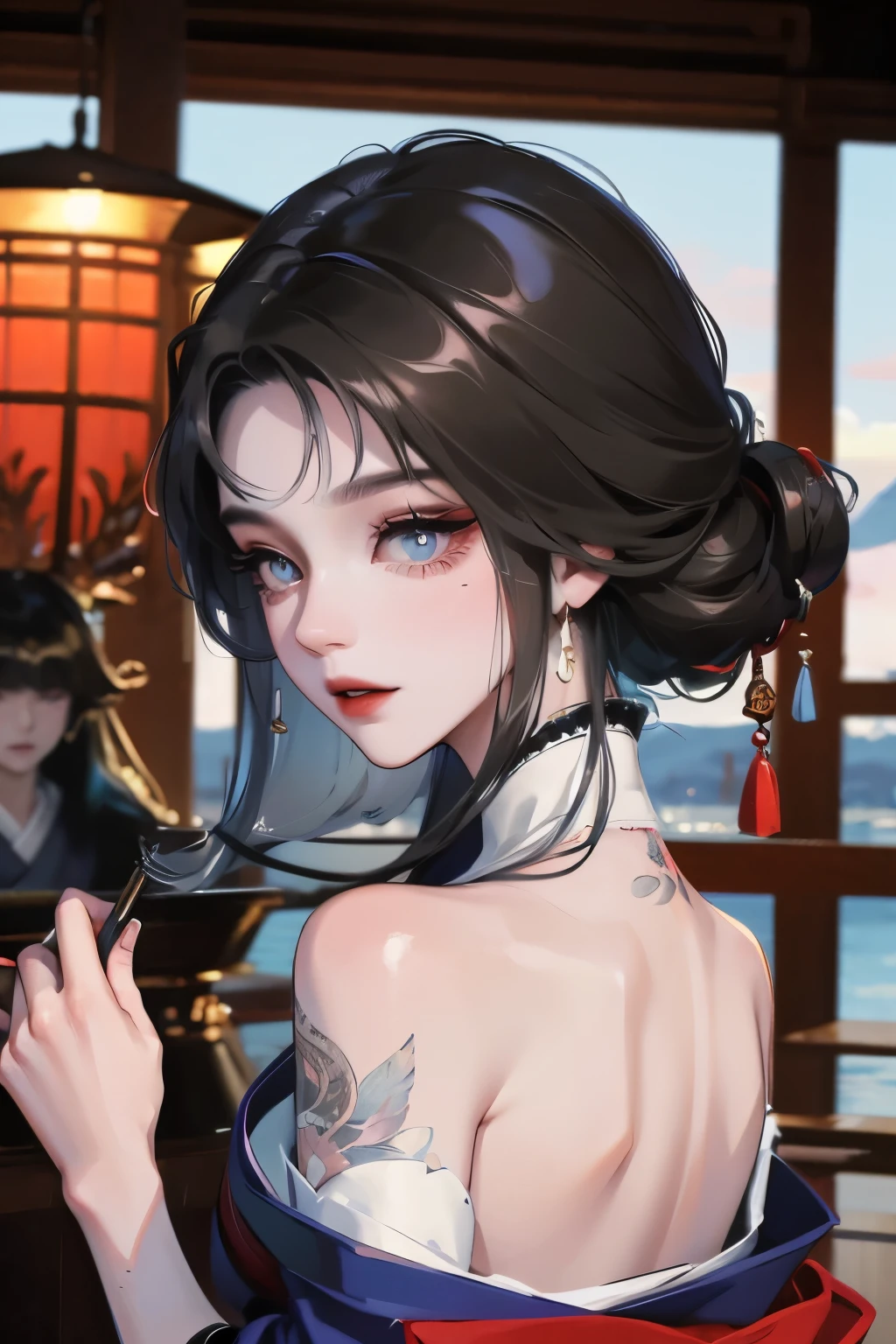 masterpiece, Top quality, best quality, Official Art, beautiful and aesthetic:1.2),1 Girl, Tattoo, Solitary, Japanese clothes, Red and black kimono, Hair accessories, unsheathing, Black Hair, sheath, back Tattoo, dragon Tattoo, blue eyes, Off-shoulder, Bare shoulders, look back, From the back, flower, Looking at the audience, Keep, cosmetic, outdoor,